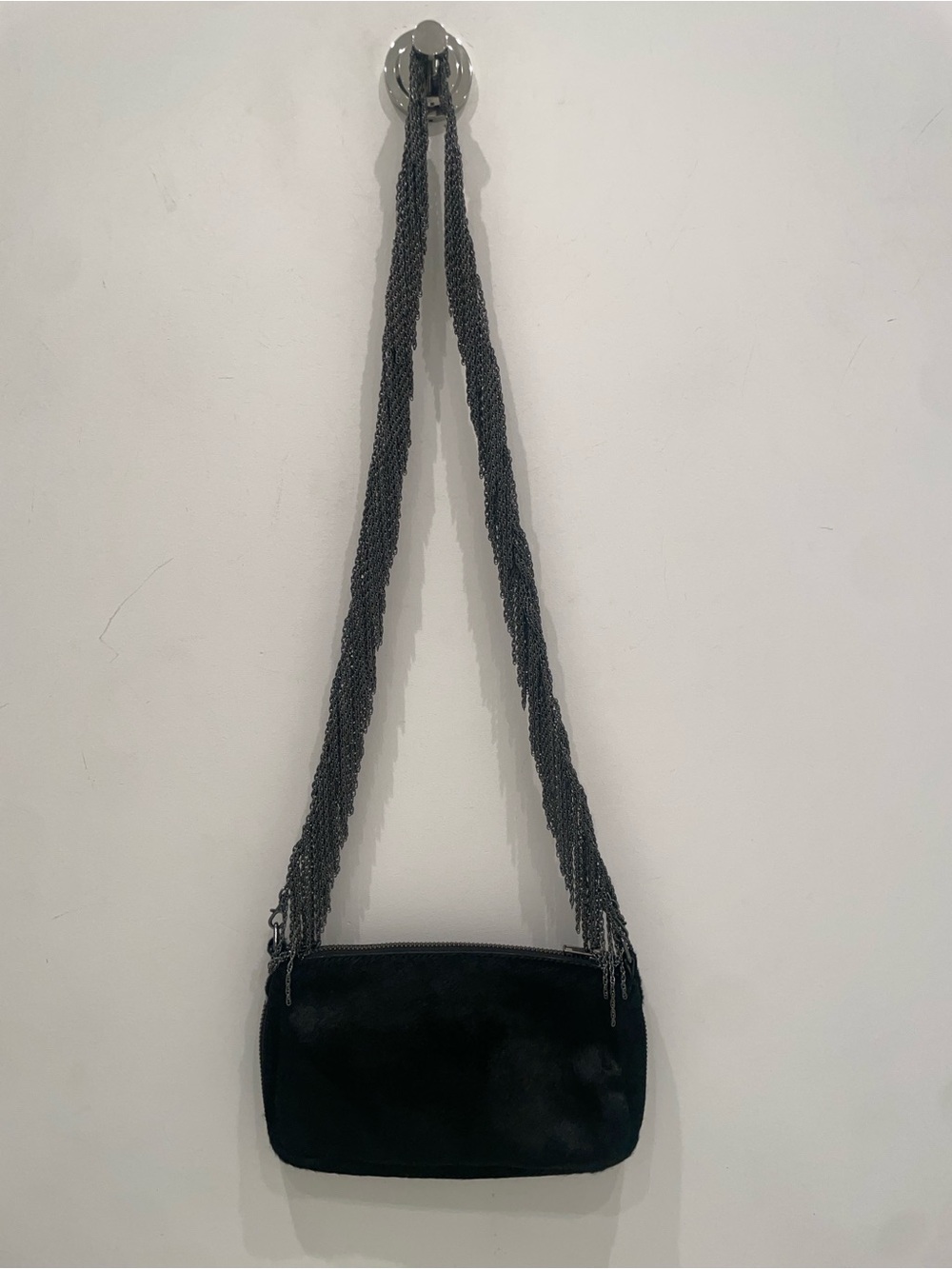 J. Crew Black Faux Fur Crossbody with Chain Strap